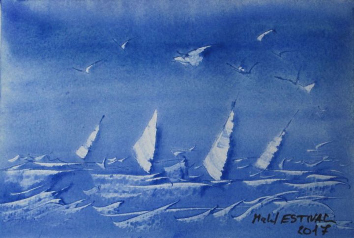 Painting titled "1709 04 Voiles" by Michel Estival, Original Artwork, Watercolor