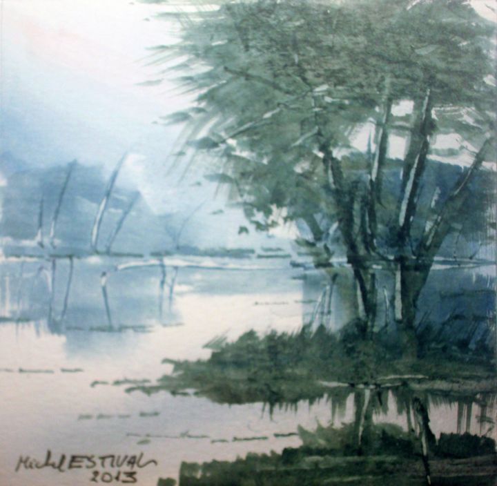 Painting titled "131130 Paysage" by Michel Estival, Original Artwork, Watercolor