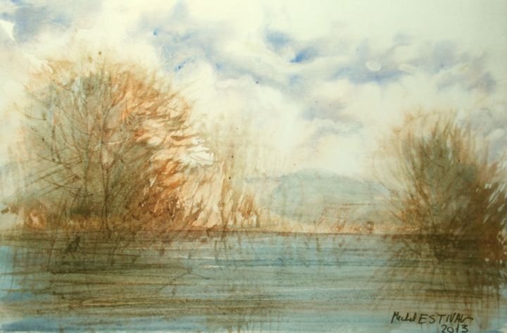 Painting titled "391 Paysage" by Michel Estival, Original Artwork, Watercolor