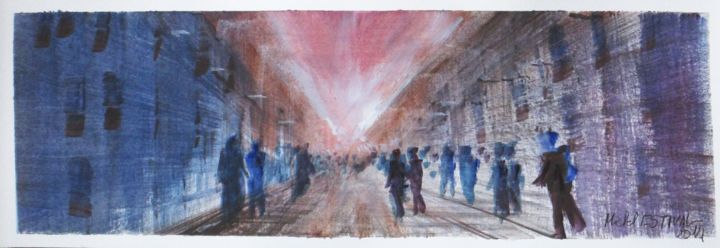 Peinture intitulée "107 08 La rue" par Michel Estival, Œuvre d'art originale, Aquarelle