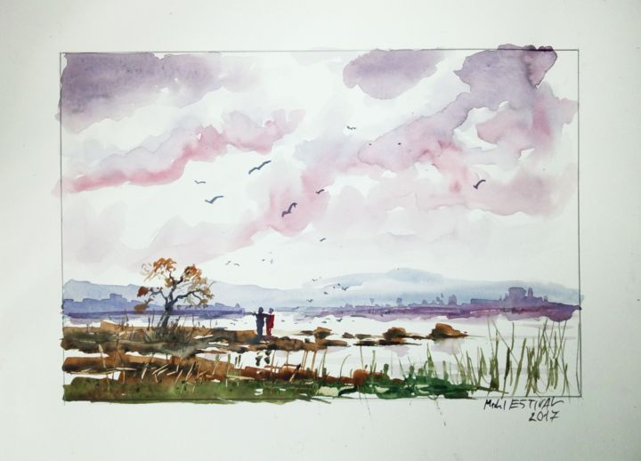 Painting titled "1711 02 Tranquilité" by Michel Estival, Original Artwork, Watercolor