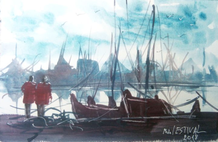 Painting titled "1802 07 Le port" by Michel Estival, Original Artwork, Watercolor
