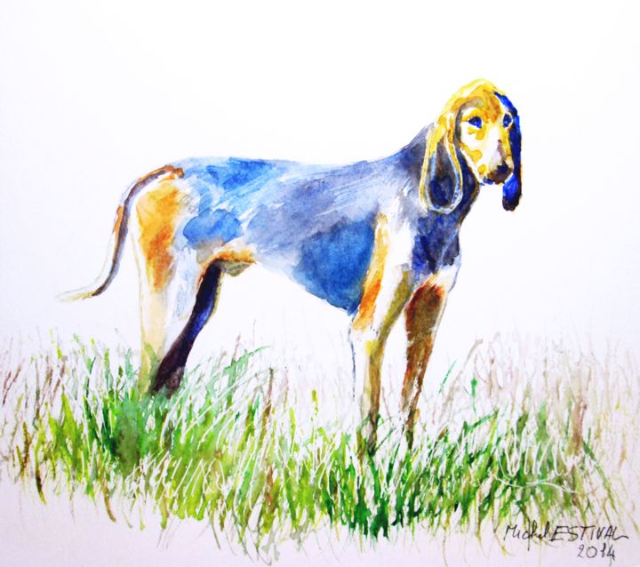 Painting titled "' Chien courant Gas…" by Michel Estival, Original Artwork, Watercolor