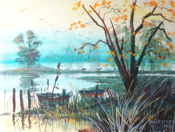 Painting titled "Chasse matinale" by Michel Estival, Original Artwork, Watercolor