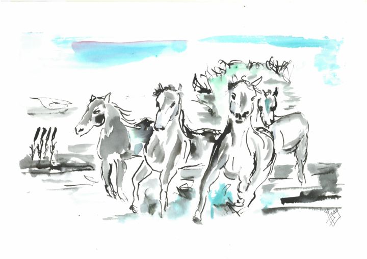 Painting titled "chevaux.jpg" by Michel Gay, Original Artwork, Ink