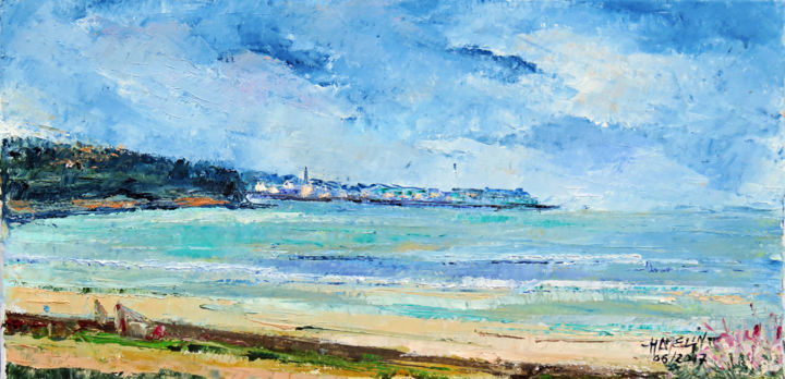 Painting titled "Douarnenez vu du Rh…" by Michel Hamelin, Original Artwork, Oil Mounted on Wood Stretcher frame