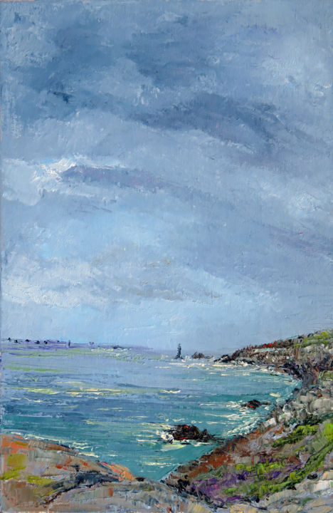 Painting titled "La pointe du Raz 2" by Michel Hamelin, Original Artwork, Oil Mounted on Wood Stretcher frame