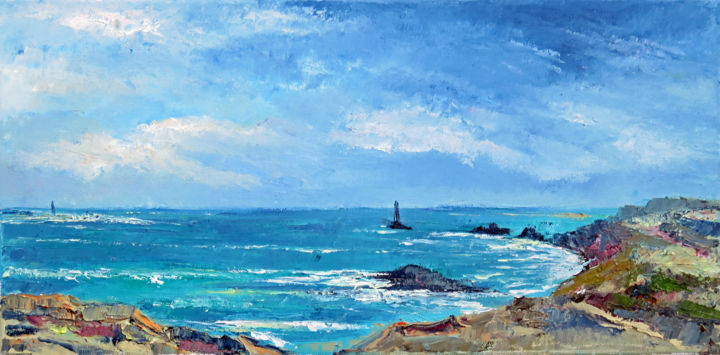 Painting titled "La pointe du Raz 3" by Michel Hamelin, Original Artwork, Oil Mounted on Wood Stretcher frame