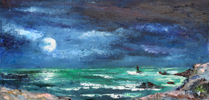 Pittura intitolato "Pleine lune sur la…" da Michel Hamelin, Opera d'arte originale, Olio Montato su artwork_cat.