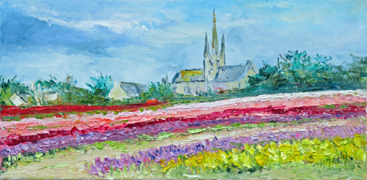 Painting titled "Champs de tulipes à…" by Michel Hamelin, Original Artwork, Oil Mounted on Wood Stretcher frame