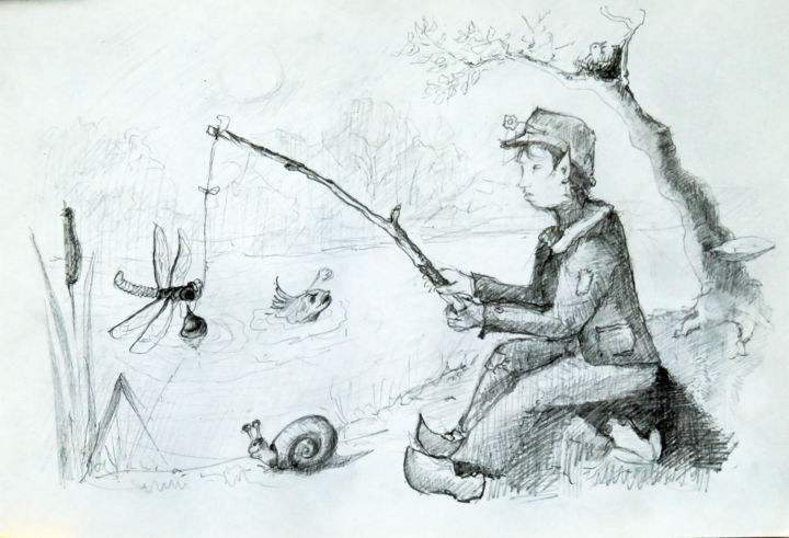 Zeichnungen mit dem Titel "Un korrigan pêche à…" von Michel Hamelin, Original-Kunstwerk, Graphit