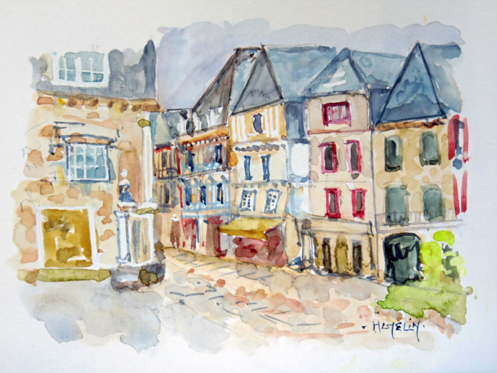 Painting titled "La rue Kéréon à Qui…" by Michel Hamelin, Original Artwork, Watercolor