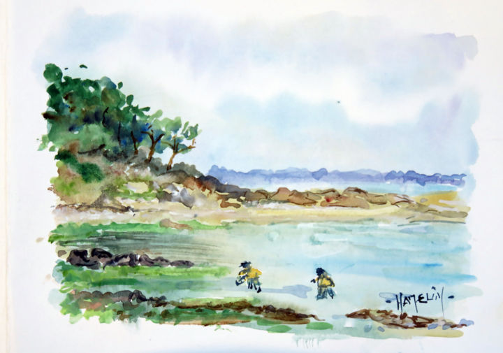 Painting titled "Partie de pêche au…" by Michel Hamelin, Original Artwork, Watercolor