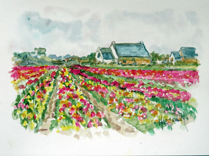 Painting titled "Tulipes à la Torche" by Michel Hamelin, Original Artwork, Watercolor