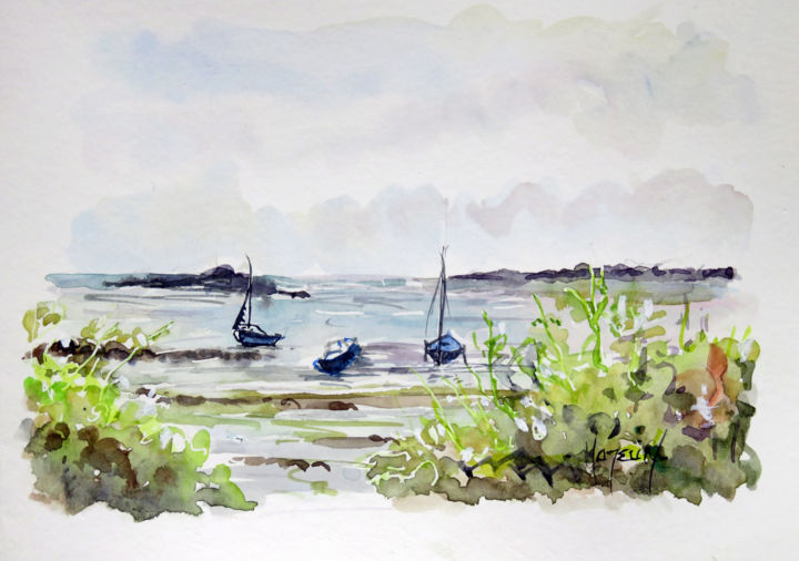 Painting titled "La plage du Ster à…" by Michel Hamelin, Original Artwork, Watercolor