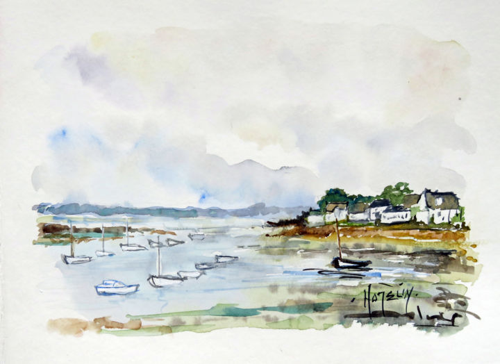 Painting titled "L'Ile Tudy à marée…" by Michel Hamelin, Original Artwork, Watercolor