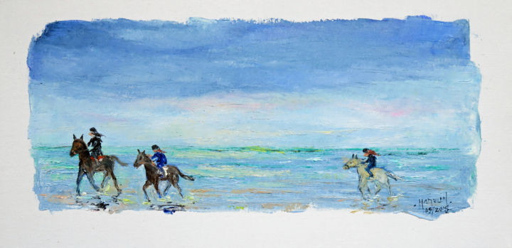 Painting titled "Trois chevaux sur l…" by Michel Hamelin, Original Artwork, Oil Mounted on Wood Stretcher frame