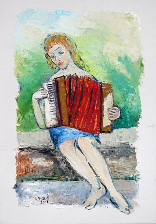 Painting titled "L'accordéoniste" by Michel Hamelin, Original Artwork, Oil Mounted on Wood Stretcher frame