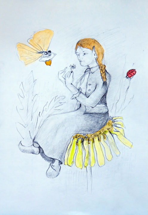 「Une korrigane effeu…」というタイトルの描画 Michel Hamelinによって, オリジナルのアートワーク, 鉛筆