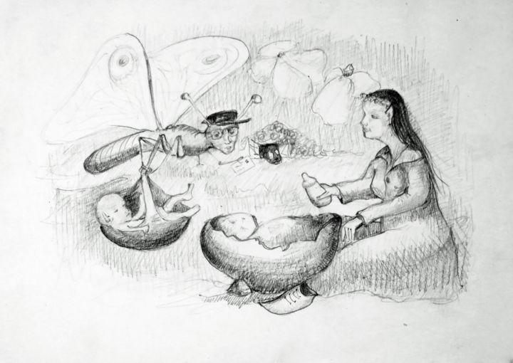 Drawing titled "La naissance des ko…" by Michel Hamelin, Original Artwork, Graphite