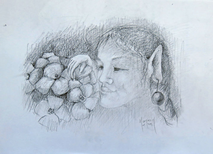 Drawing titled "La korrigane et l'h…" by Michel Hamelin, Original Artwork, Pencil