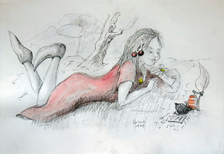 Dessin intitulée "Une korrigane effeu…" par Michel Hamelin, Œuvre d'art originale, Graphite