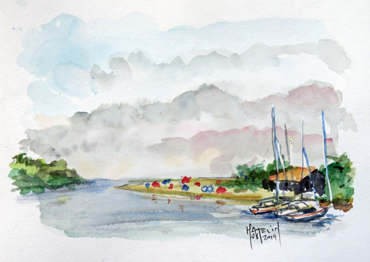 Painting titled "Le port de bordes à…" by Michel Hamelin, Original Artwork, Watercolor