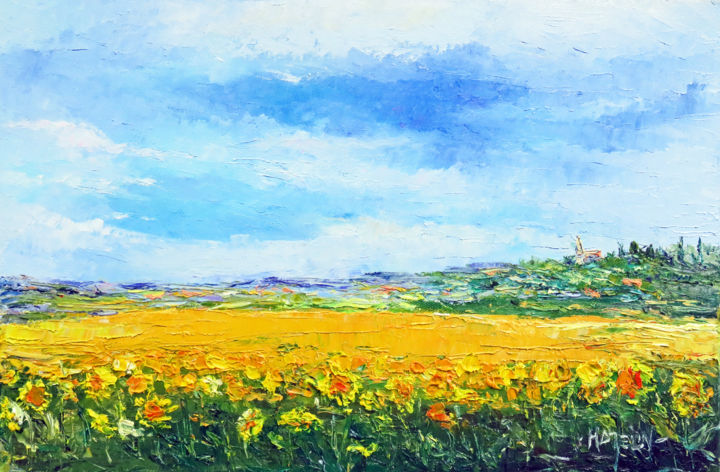 Painting titled "Champs de tournesol…" by Michel Hamelin, Original Artwork, Oil Mounted on Wood Stretcher frame