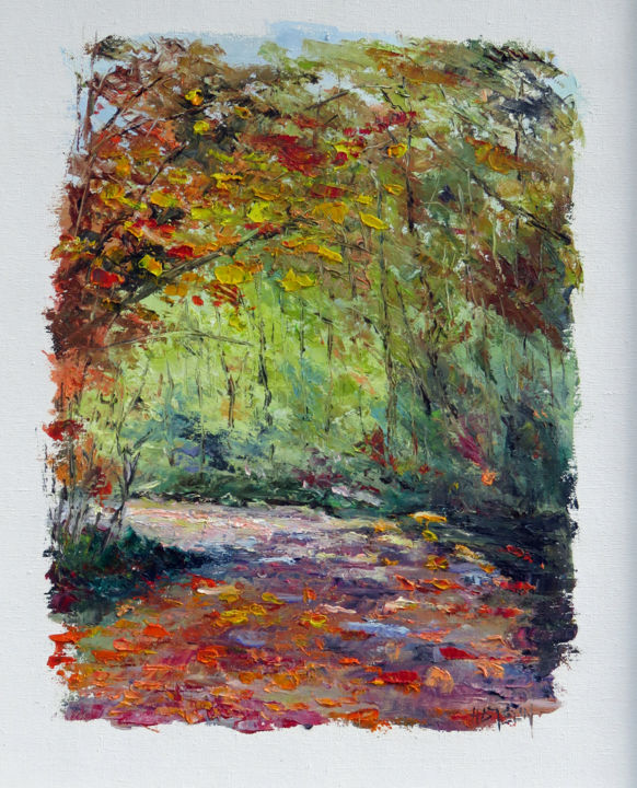 Painting titled "Chemin d'automne 2" by Michel Hamelin, Original Artwork, Oil Mounted on Wood Stretcher frame