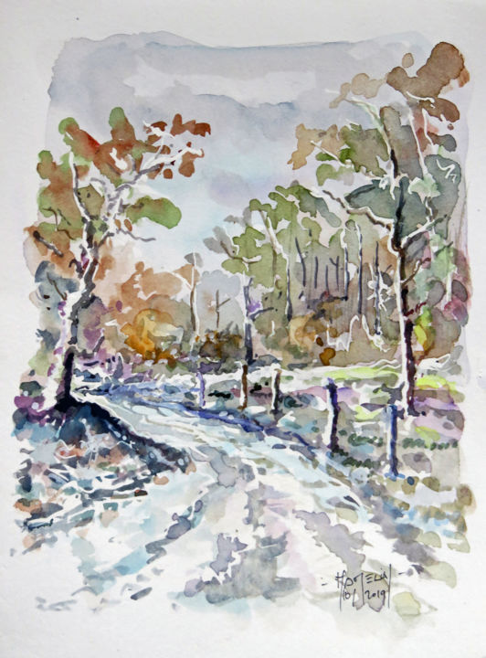 Painting titled "Le chemin de l'hiver" by Michel Hamelin, Original Artwork, Watercolor