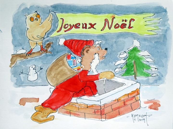 Painting titled "Joyeux Noël" by Michel Hamelin, Original Artwork, Watercolor