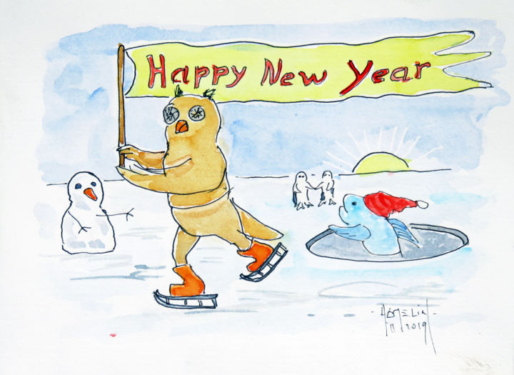 Peinture intitulée "Happy new year" par Michel Hamelin, Œuvre d'art originale, Aquarelle