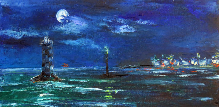 Painting titled "Pleine lune sur la…" by Michel Hamelin, Original Artwork, Watercolor Mounted on Wood Stretcher frame