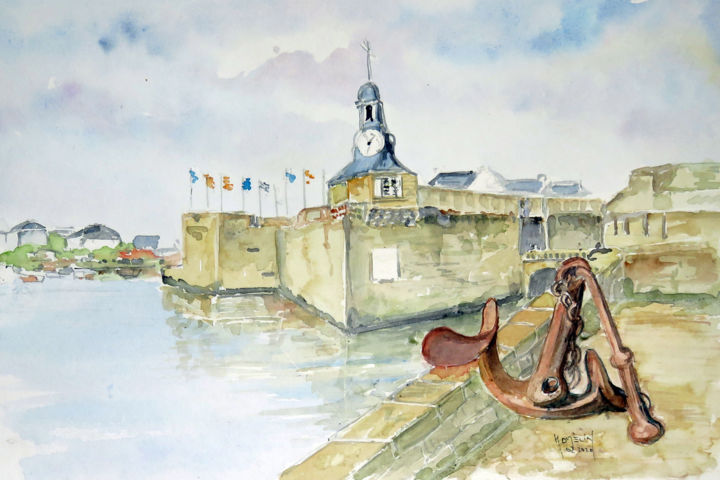 Painting titled "La ville close à Co…" by Michel Hamelin, Original Artwork, Watercolor
