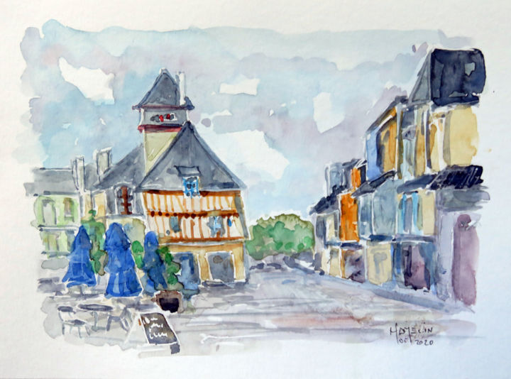 Painting titled "La place terre aux…" by Michel Hamelin, Original Artwork, Watercolor