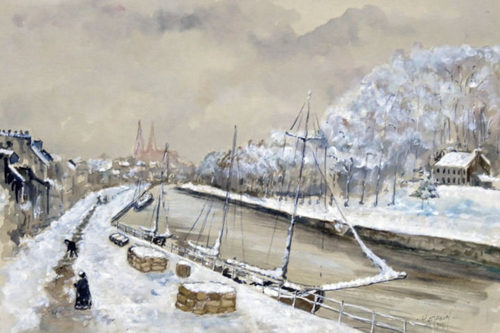 Peinture intitulée "Neige sur le port d…" par Michel Hamelin, Œuvre d'art originale, Aquarelle