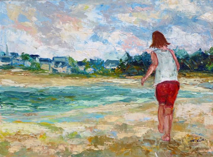 Schilderij getiteld "Enfant sur la plage" door Michel Hamelin, Origineel Kunstwerk, Olie