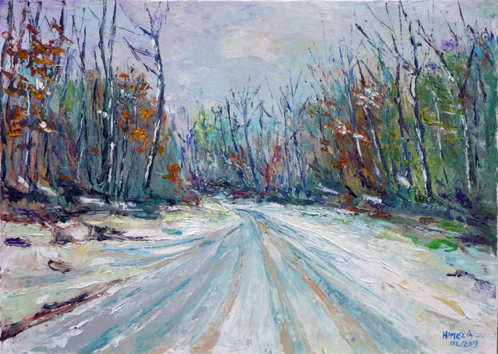 Painting titled "route ennegée" by Michel Hamelin, Original Artwork, Oil