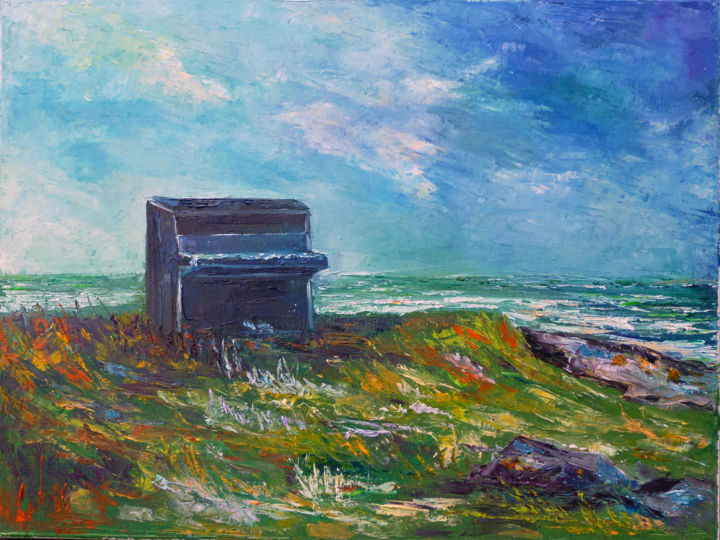 Painting titled "le piano abandonné" by Michel Hamelin, Original Artwork, Oil Mounted on Wood Stretcher frame