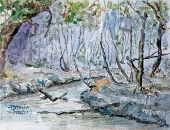 Painting titled "la rivière de pont…" by Michel Hamelin, Original Artwork, Watercolor