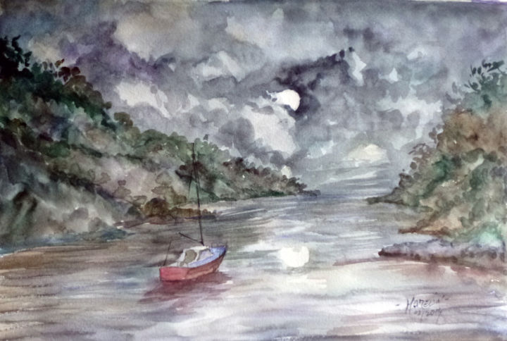Peinture intitulée "Clair de lune à con…" par Michel Hamelin, Œuvre d'art originale, Aquarelle