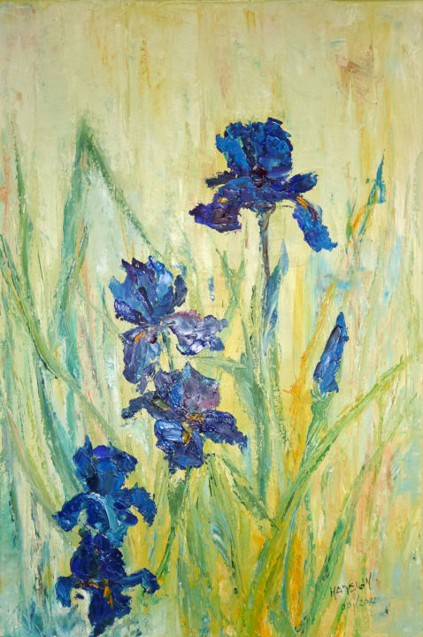 Painting titled "Les iris bleus" by Michel Hamelin, Original Artwork, Oil