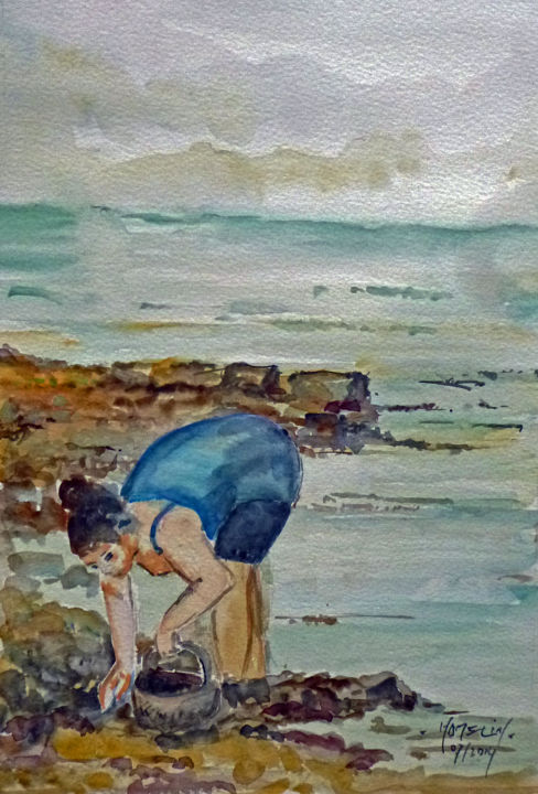 Peinture intitulée "La Pêche aux moules…" par Michel Hamelin, Œuvre d'art originale, Aquarelle