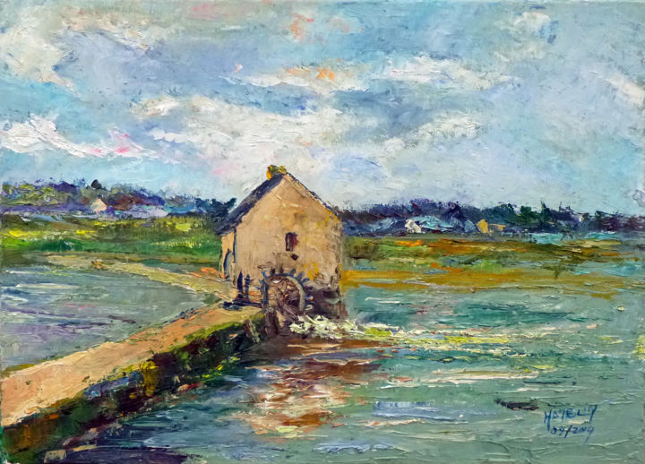 Painting titled "Le moulin à marée s…" by Michel Hamelin, Original Artwork, Oil