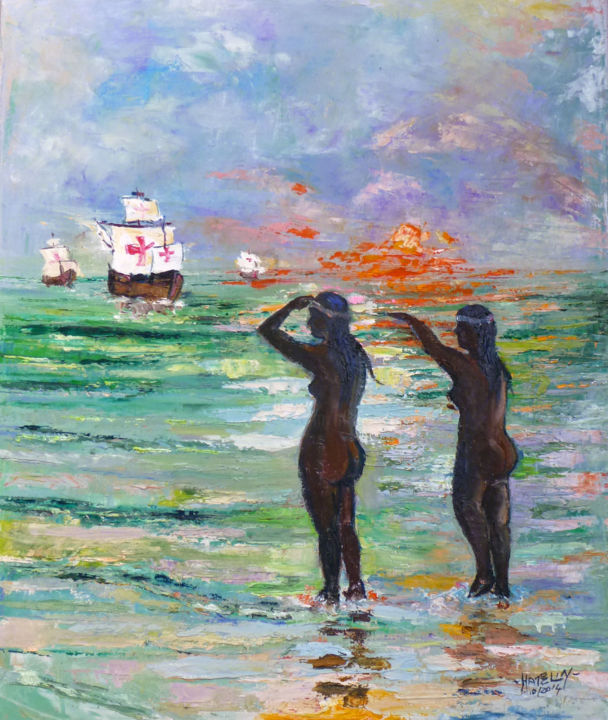 제목이 "Arrivée de Christop…"인 미술작품 Michel Hamelin로, 원작, 기름 나무 들것 프레임에 장착됨