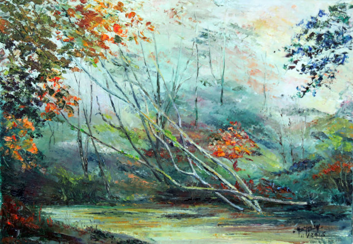 Peinture intitulée "Tempête d' automne" par Michel Hamelin, Œuvre d'art originale, Huile Monté sur Châssis en bois
