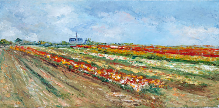 Painting titled "Champ de tulipes à…" by Michel Hamelin, Original Artwork, Oil Mounted on Wood Stretcher frame