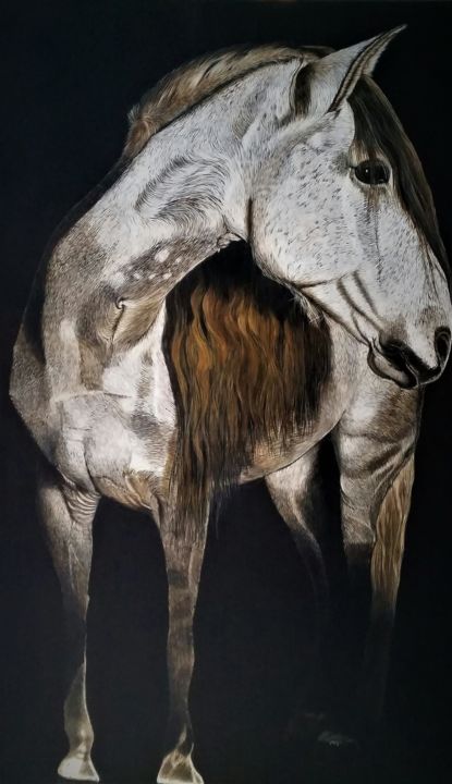 Pintura intitulada "cheval gris n° 1/ 1…" por Micheline Hanrard Ladoul Mhl., Obras de arte originais, Óleo