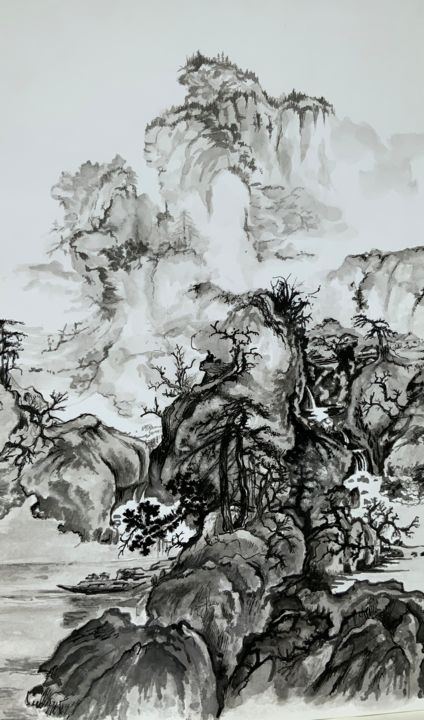 Zeichnungen mit dem Titel "Paysage chinois" von Michel Kulisa, Original-Kunstwerk, Tinte