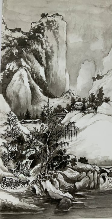 Zeichnungen mit dem Titel "Paysage chinois sou…" von Michel Kulisa, Original-Kunstwerk, Tinte